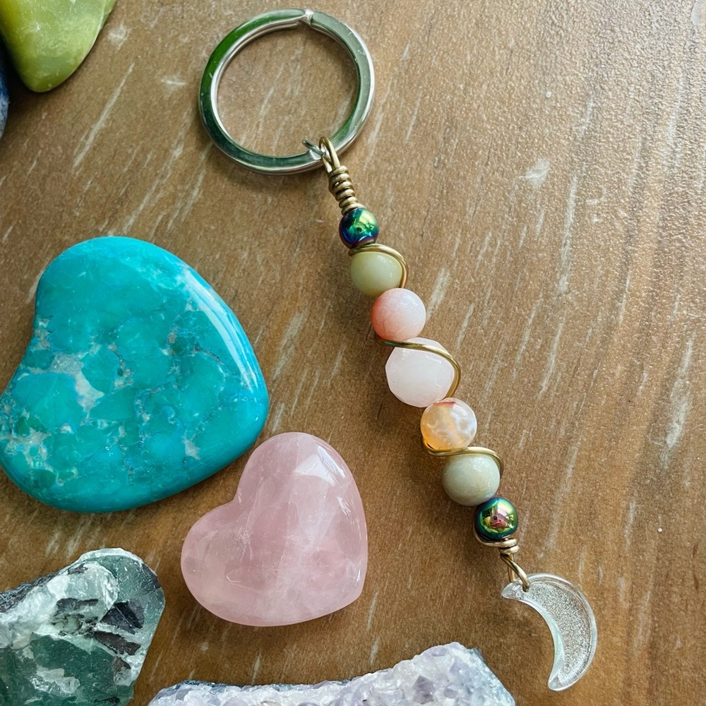 Handmade Hand Crafted Crystals Gemstones Wire Wrapped OOAK Keychain Moon
